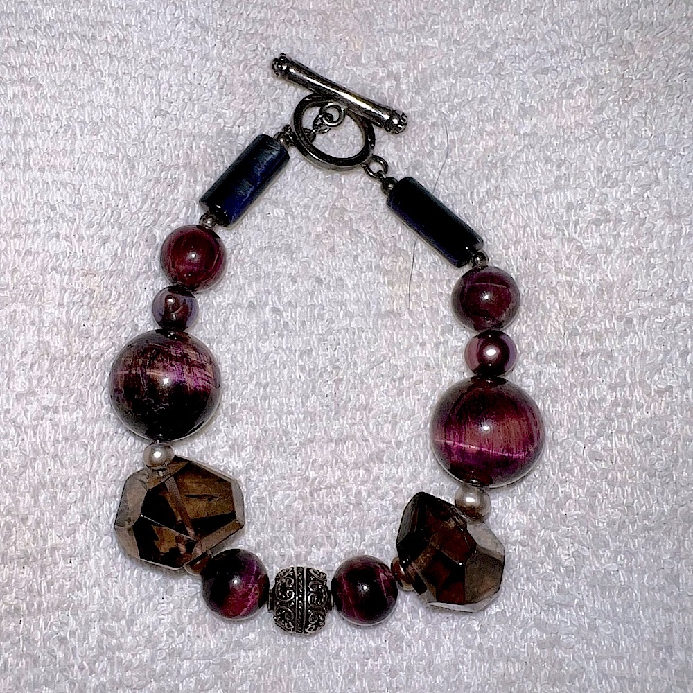 Barse Sterling Silver Chunky Bracelet w/ Pink Tigers Eye & Smoky Quartz